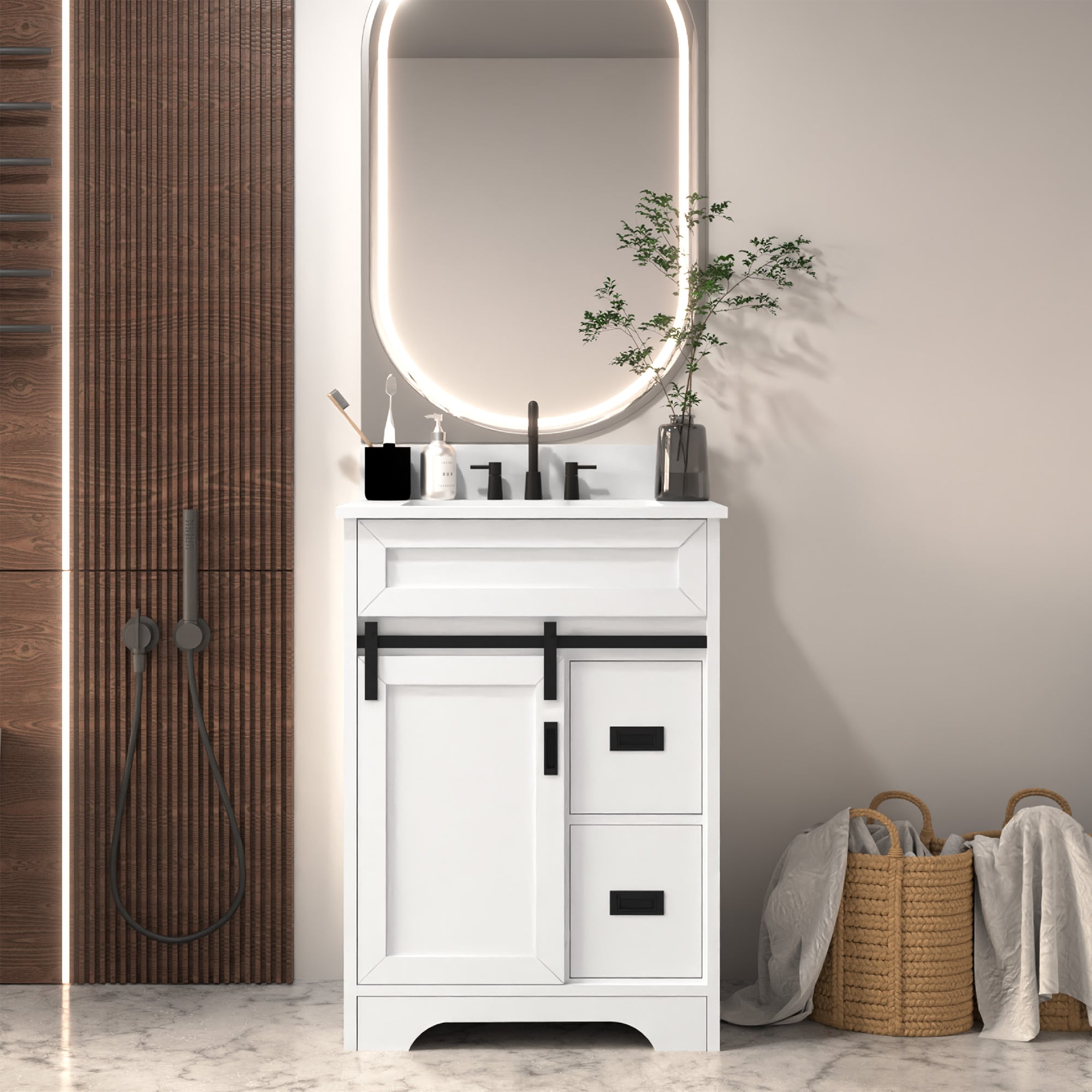 [VIDEO Provided]24" Bathroom Vanity With Single Sink Combo, Farmhouse Undermount Bathroom Sink Cabinet With Sliding Barn Doors And 2 Drawers, Freestanding Bathroom Vanities,White_voghion.com